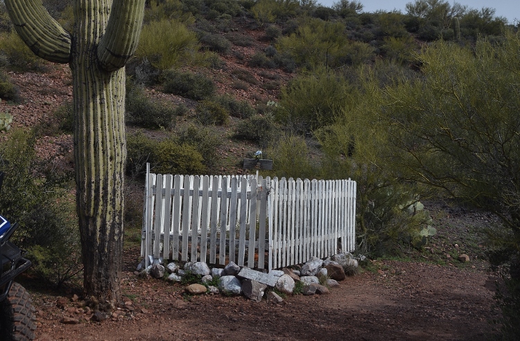 graved encased in white picket fence